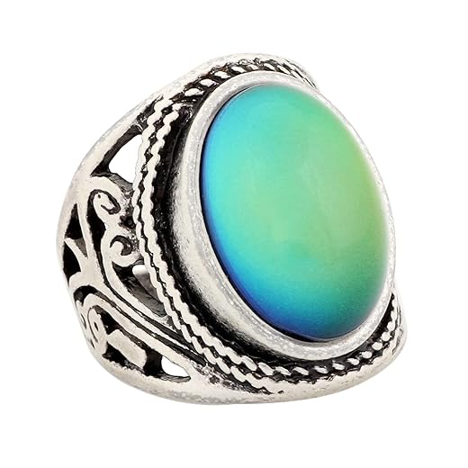 MY MOJOYAS Handmade Sterling Silver Plated Mood Ring with Unique Antique Pattern and Color-Changing Oval Stone for Men and Women Size 7