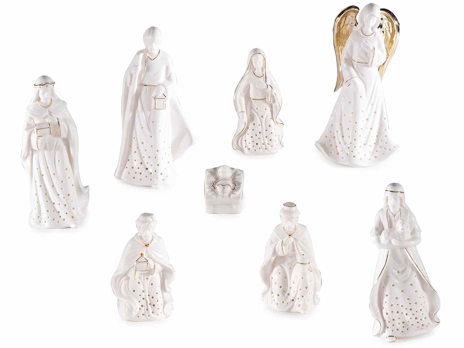 Gruppo Maruccia - Statuine per il Presepe in Porcellana Bianca e Oro con Luci Led - Set da 8 Personaggi Natività