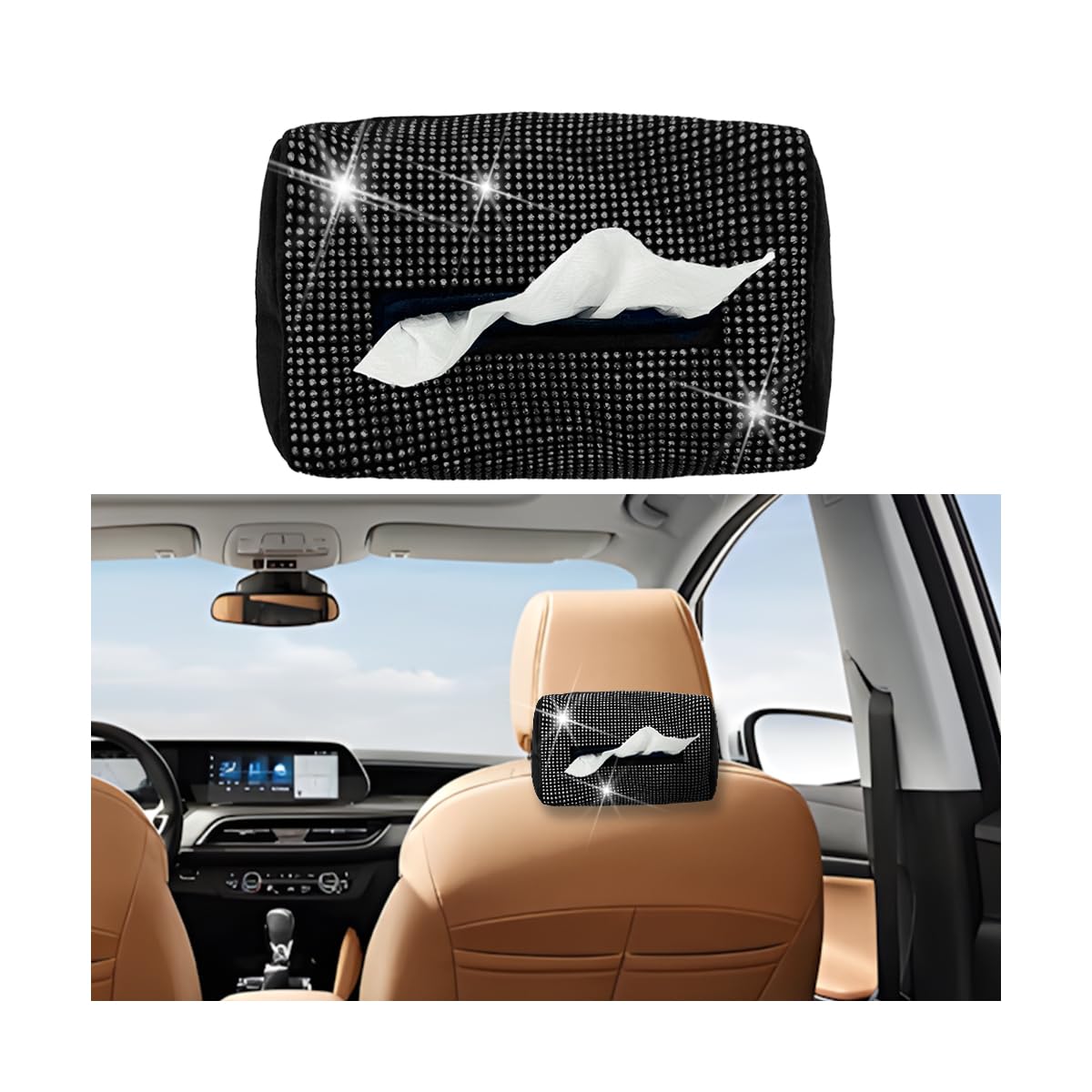 HZEL Bling Car Sun Visor Tissue Holder, Crystal Rhinestones Vehicle Napkin Hanging Box, Diamond Sparkly Automotive Backseat Paper Towel Cover Case Accessories, Universal for Most Cars (Black)