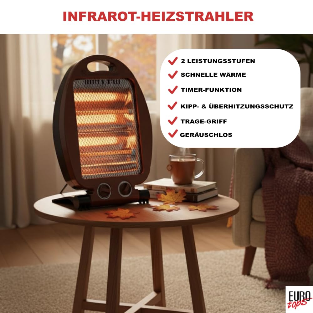 EUROtops Stufa a infrarossi 400/800 W, silenziosa, riscaldamento rapido profondo, timer, pieghevole, sicuro, per casa e ufficio