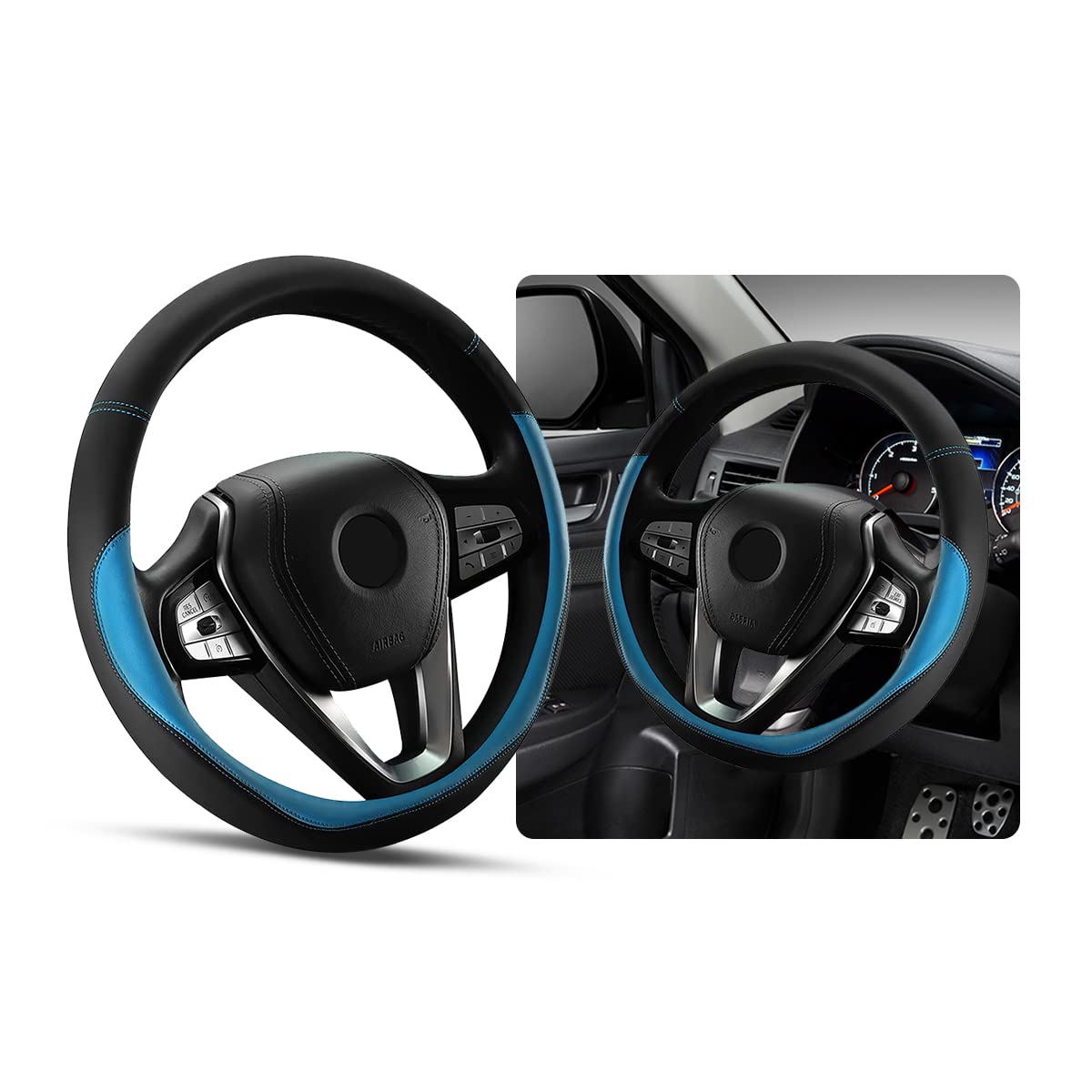 Ziciner Steering Wheel Cover, Soft Leather Premium Durable Elastic Auto Wheel Cover Protector, Stretch Breathable Anti-Slip Lining, Universal 14.5-15 inch Car Interior Accessories (Blue)