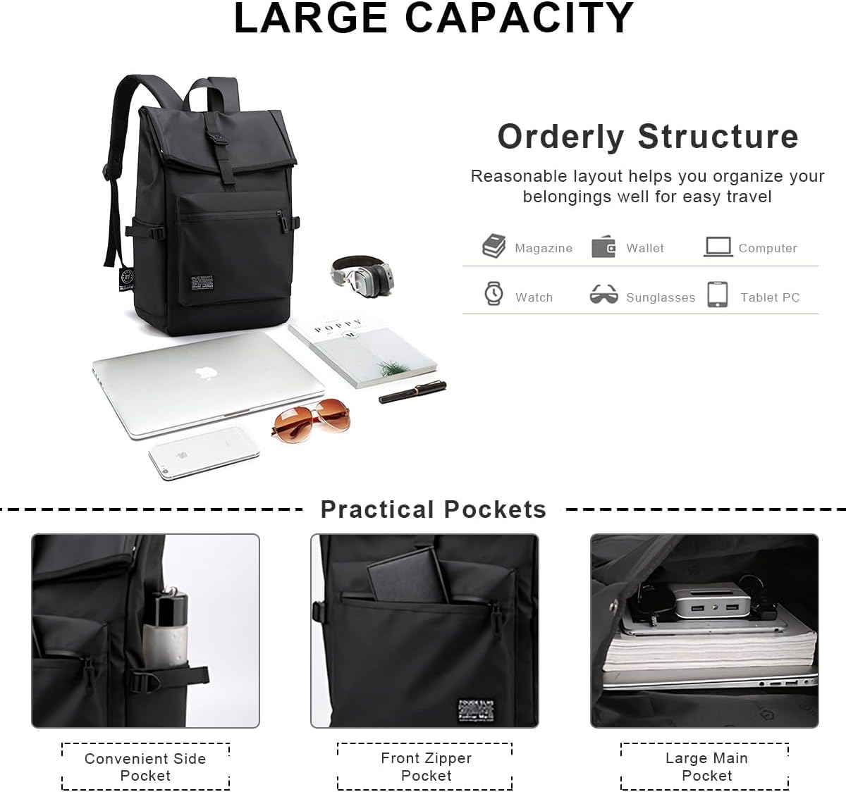 SONARIN Lightweight Backpack Men,Fashion Casual Daypack Business Backpack 15.6 Inch Laptop Backpack Travel Rucksack Work Bag(Black)