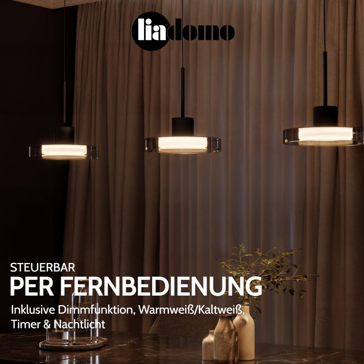 Pendelleuchte Volos, Glas Hängelampe 3-flammig, LED, dimmbar | modernes Design, Esstischlampe, höhenverstellbar, 110 cm Länge, Schwarz, Fernbedienung, 3000-6000K, Nachtlicht, Timerfunktion