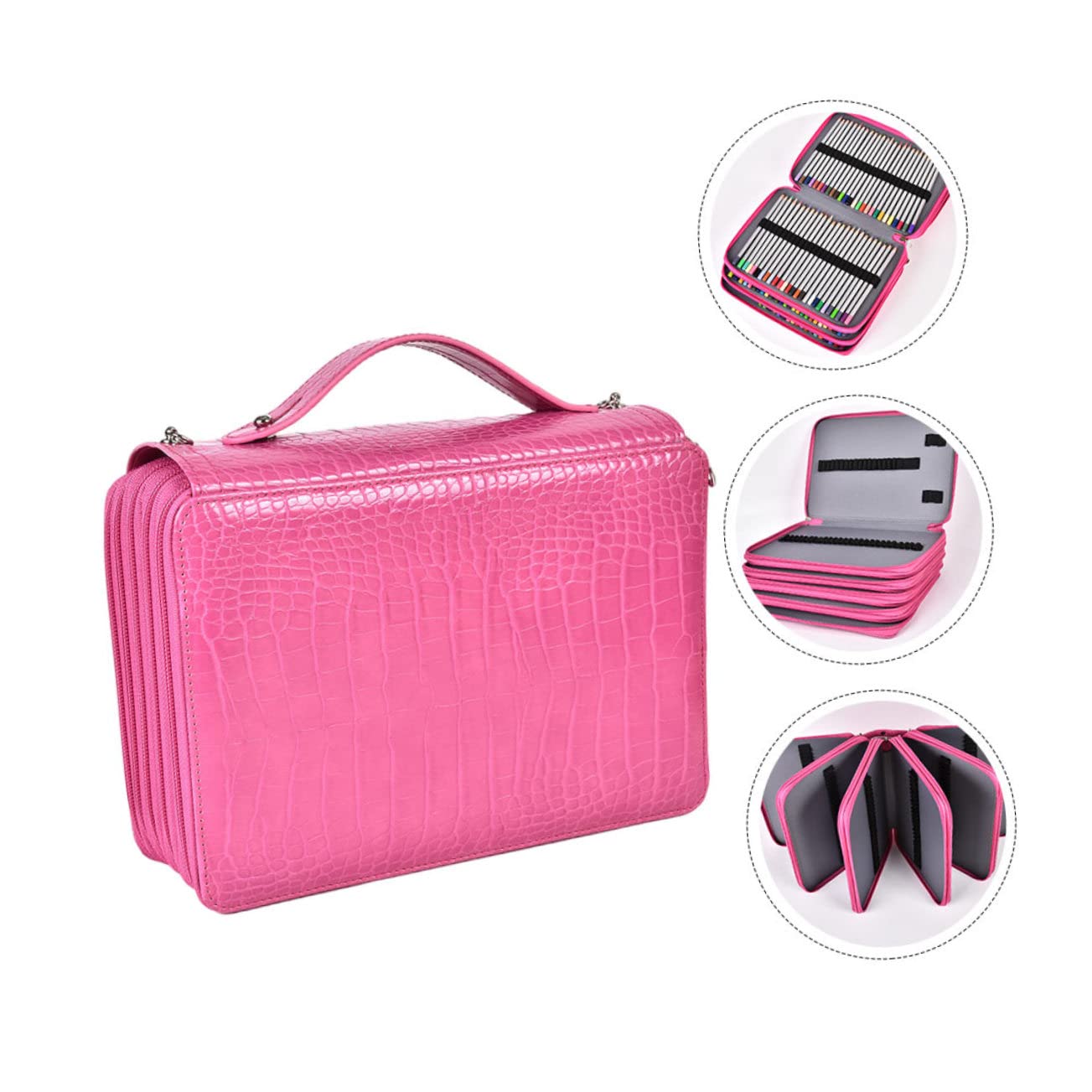 Trousse De Rangement Multifonctionnelle avec Compartiments pour Stylos Sac à Crayons Portable Rose pour Fournitures Scolaires Et Artistiques