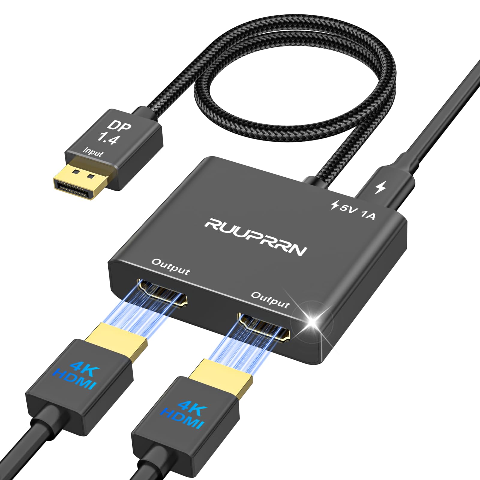 Photo 1 of RUUPRRN 4K@60Hz DisplayPort to Dual HDMI Adapter, DP 1.4 Source to HDMI 2.0 Splitter for Dual Monitors, Display Port to HDMI Splitter 1 in 2 Out Extended Display, for PC,NVIDIA, AMD Graphic Card