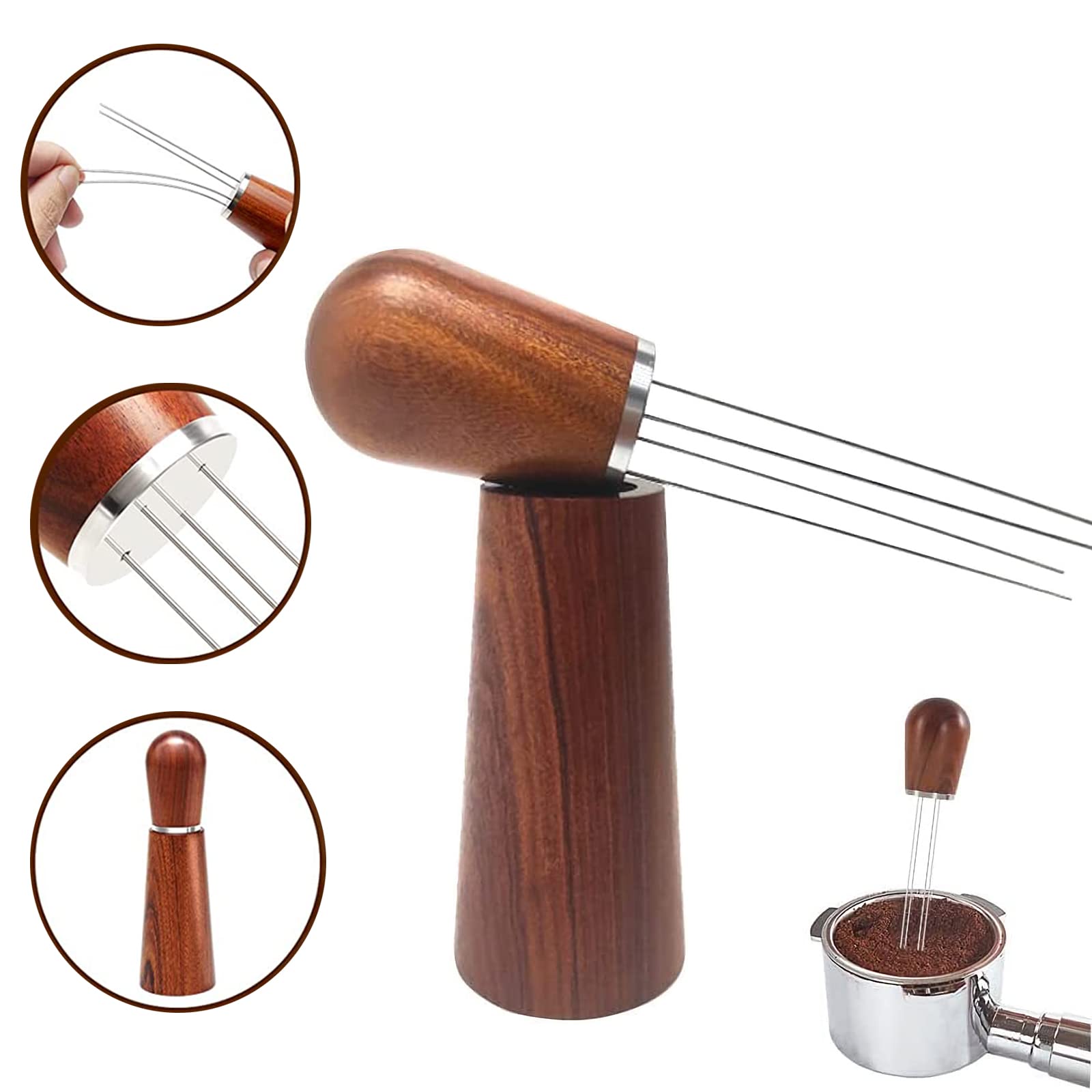 Agitateur WDT Pour Espresso - 4 Aiguilles En Acier Inoxydable 0,7 Mm - Avec Poignée Et Base En Bois - Pour Distribution Uniforme Du Café