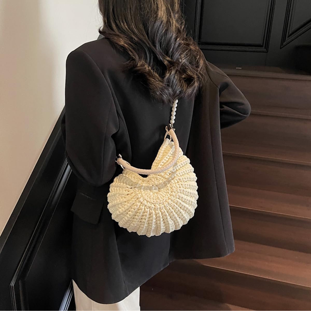 Handwoven Seashell Bag for Women Beaded Shell Purse Crochet Beach Bag Conch Shoulder Handbag with Pearl Strap Leather Handle - Image 3
