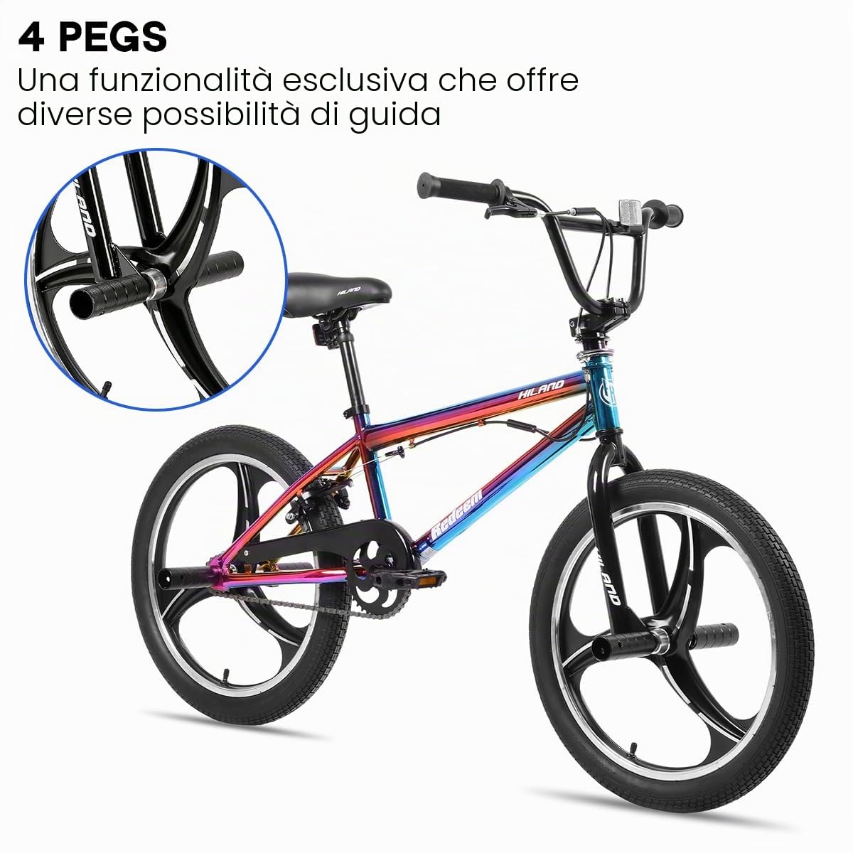 HILAND BMX Bicicletta per bambini da 20 pollici,3 razze, Per bambini e bambine di 7 anni e più，rotore a 361 gradi, freestyle,pedane single speed per bambini,Colorato
