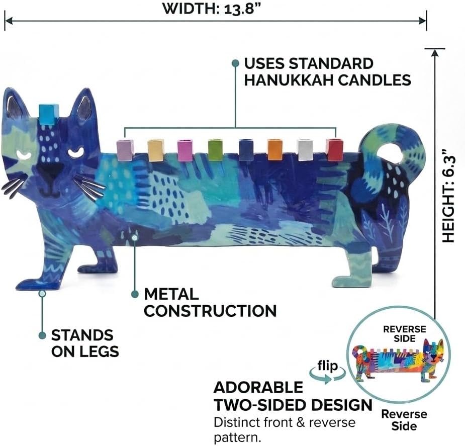 Yair Emanuel Cat Menorah for Hanukkah 13.8" x 6.3" - Colorful Metal Hanukkah Hanukia Menorah Double Sided - Modern Judaica Gift for Cat Lovers HAO-4