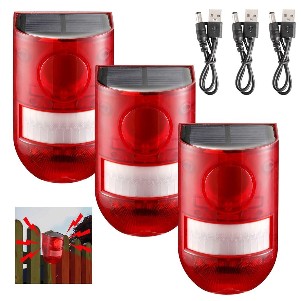 Paquete de 3 luces solares de alarma con detección de movimiento, sirena de seguridad impermeable para exteriores, 6 luces LED intermitentes rojas y sirena de 129 db, 4 modos de alarma para granjas,