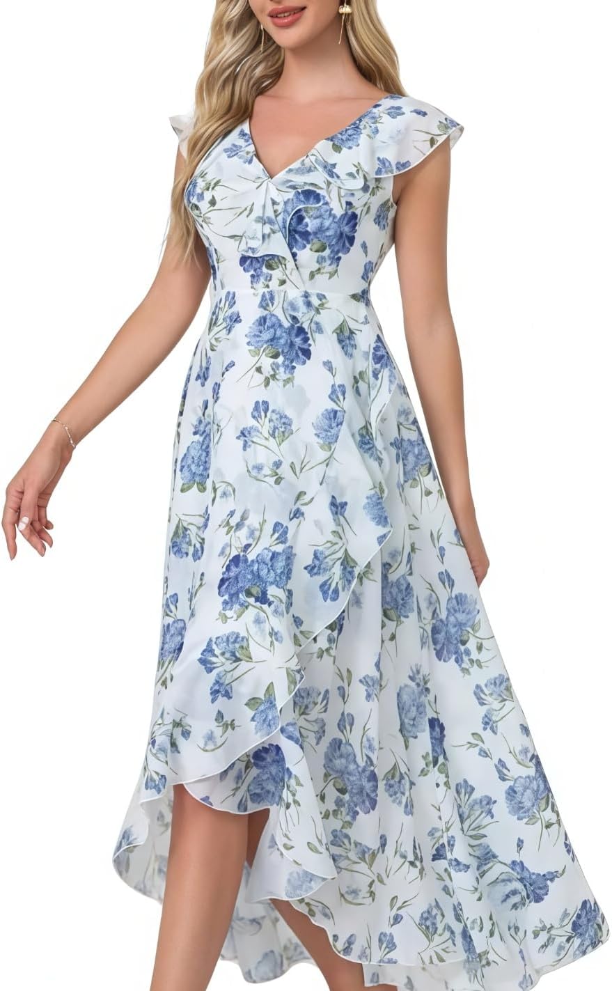 Womens V Neck Floral Print Ruffle Maxi Party Dress A-Line Summer High Low Flowy Wedding Guest Cocktail Dress - Image 7