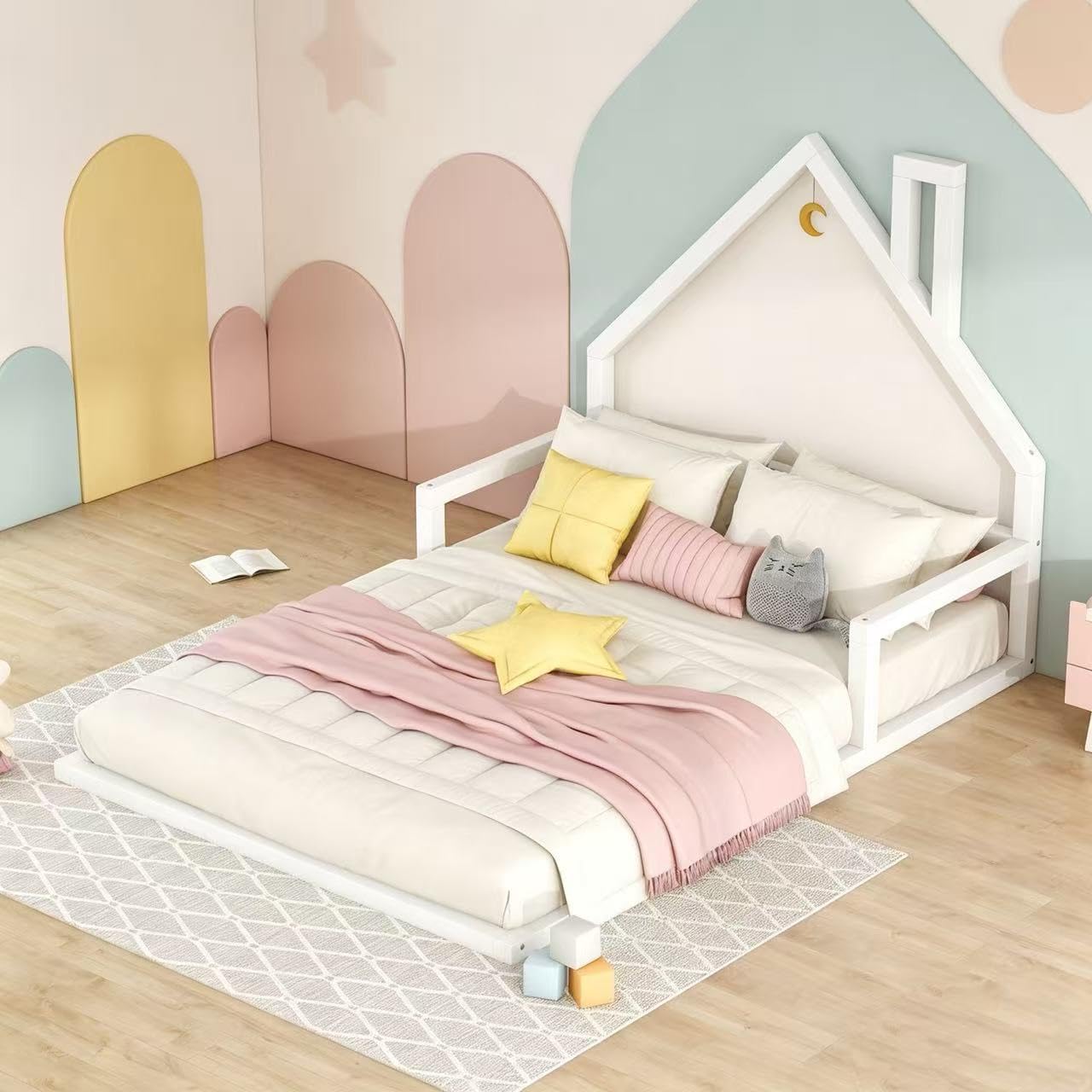 MERITLINE Full Size Montessori Floor Bed, Wooden Floor Bed Frame with House-Shaped Headboard & Guardrail for Kids, Boys & Girls, White