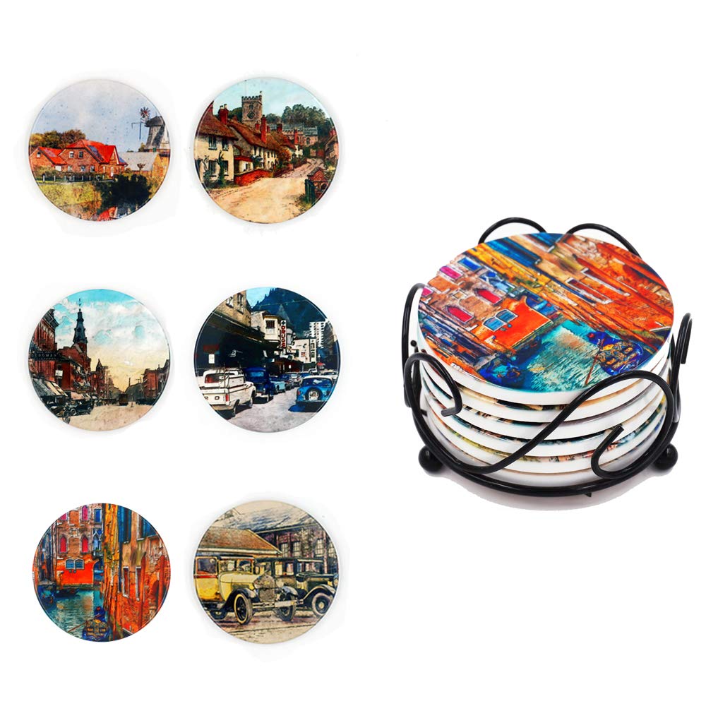 O'Bester Ceramic Coasters for Drinks Set with Cork Base 6 Pieces, Metal Holder, Cup Coasters for Living Room, Kitchen, Coffee Table Bar Decor, Prevent Furniture from Dirty and Scratched