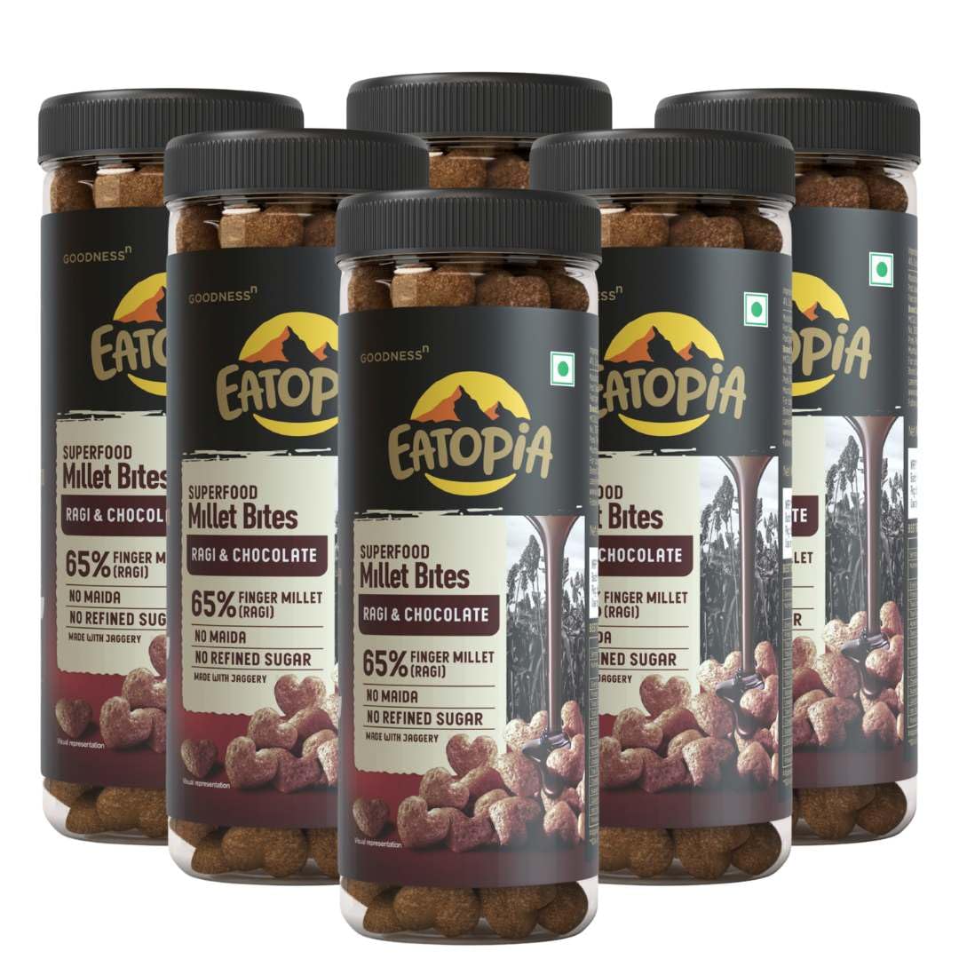 Eatopia Ragi Whole Grain & Chocolate Millet Bites | No Maida, Non GMO, No Added Sugar | Gluten Free | Millets & Cereals | High Protein & Fiber | Breakfast Cereals | Healthy Snacks for Kids | Pack of 6 (Pet Jar) (B0CKXCZSSZ) Amazon Price History, Amazon Price Tracker
