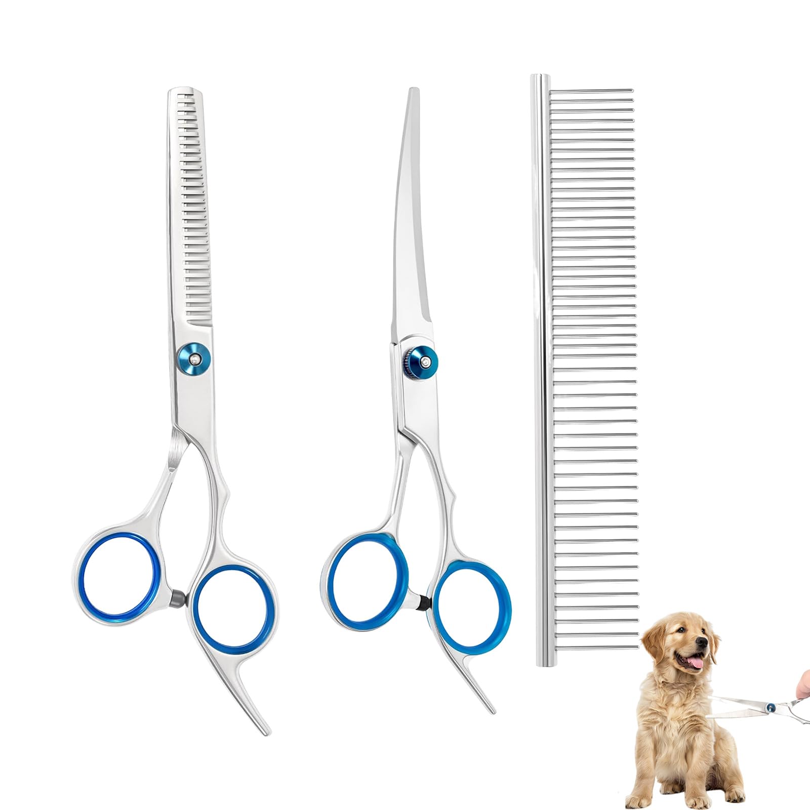3er-Pack Hundeschere,Gebogene Hundepflegeschere,Edelstahl Hundeschere Gebogen,Effilierschere Hund,Schere Hundehaare Schneiden,Geeignet FüR Hunde,Katzen Und Haustiere,Mit Haarschneideschere Blau,3 In 1