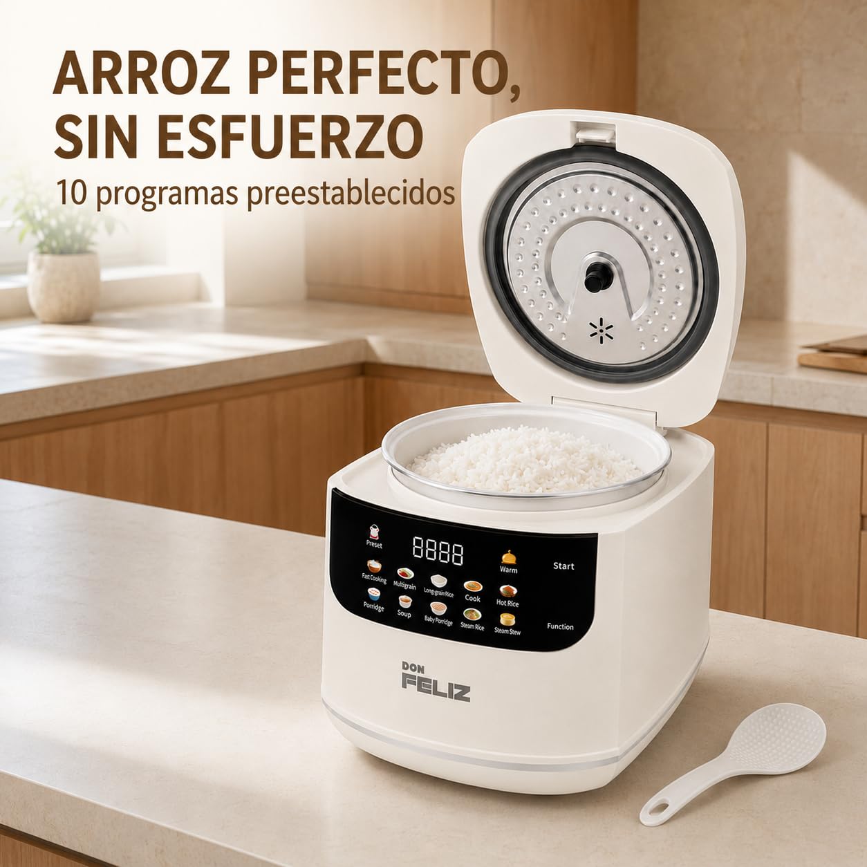 Don Feliz Arrocera Eléctrica 2 L para 1-4 Personas, Olla Arrocera Digital con 10 Programas, Cesta Vaporera, Temporizador 24 h, Mantener Caliente y Recipiente Antiadherente