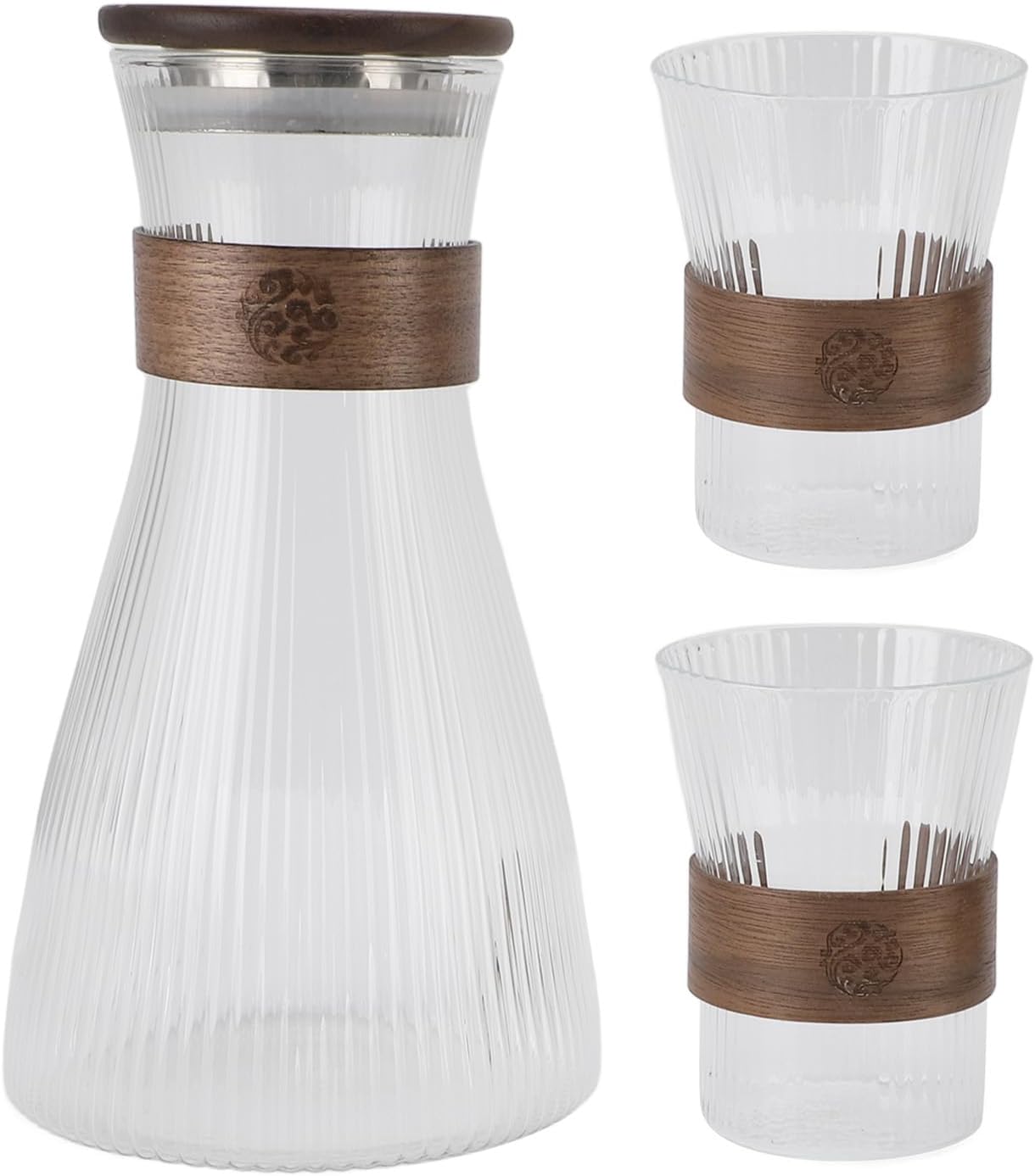 ZJchao Bedside Glass Carafe Set Heatproof Coldproof High Borosilicate Glass Carafe for Coffee Juice Nightstand Electric Ceramic Stoves Walnut Wood