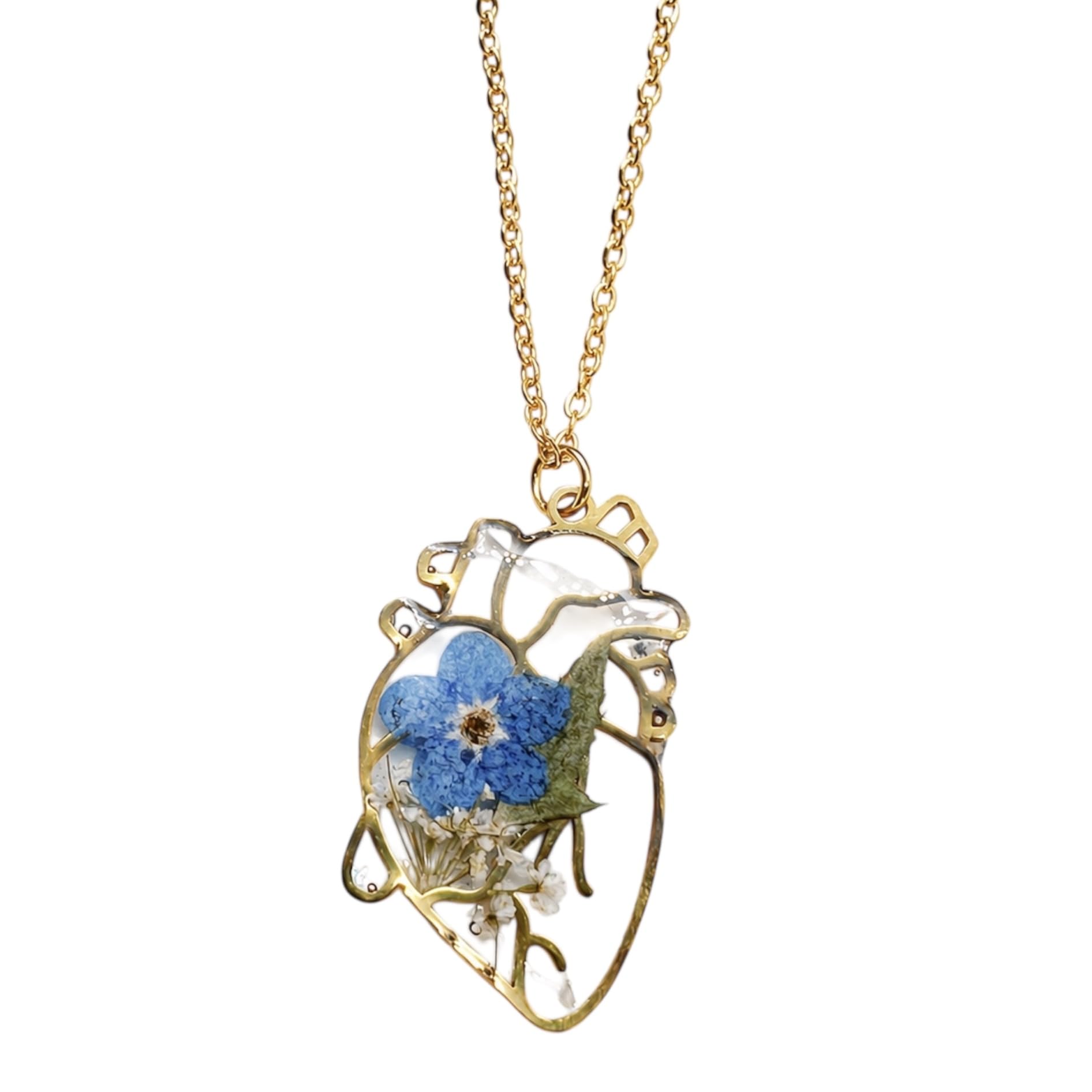 BeFloral Collana Cuore Anatomico in Acciaio Oro con Fiori Veri Non Ti Scordar di Me e Resina Ciondolo Artigianale Elegante Catena Regolabile Donna Regalo Compleanno San Valentino Anniversario per Lei