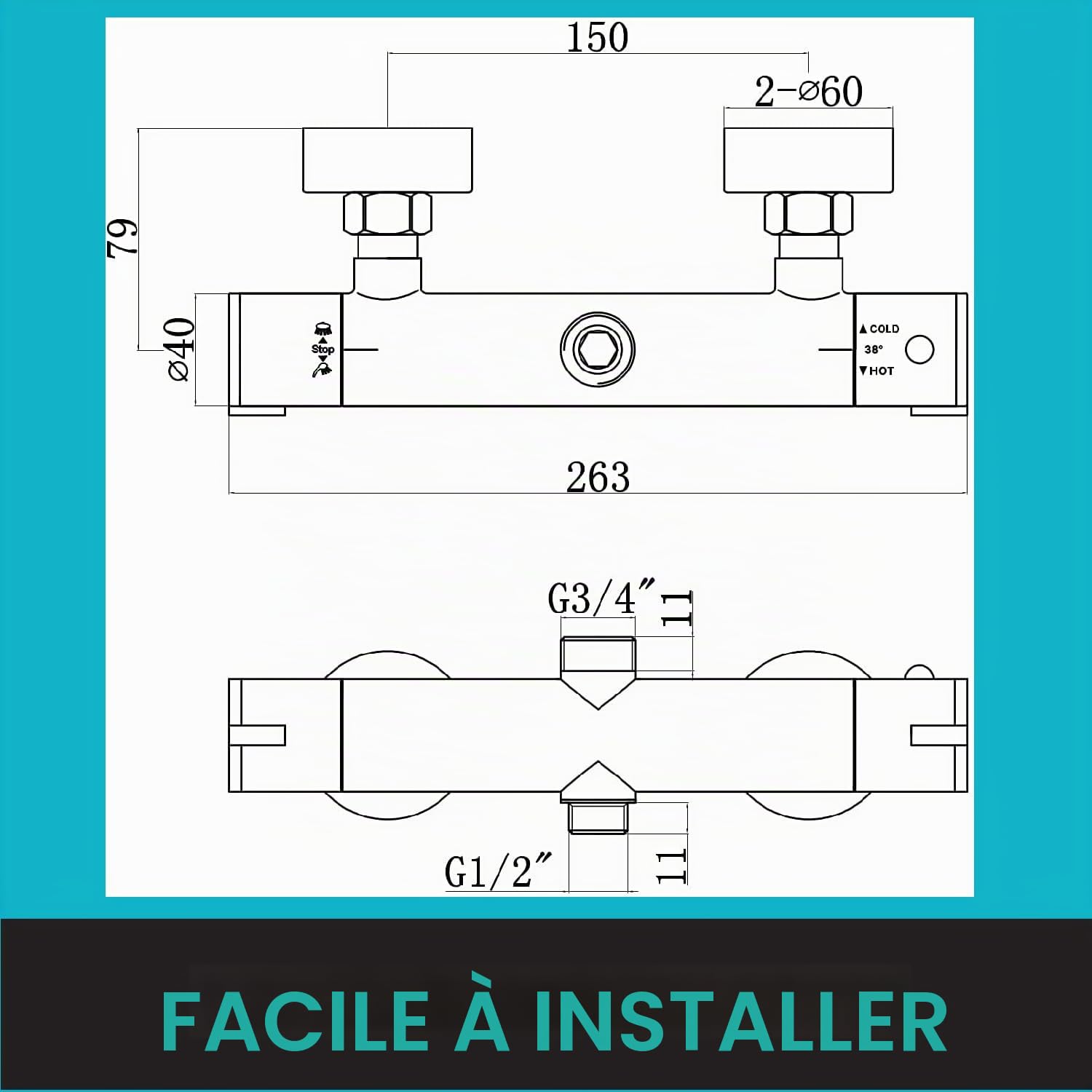 ENKI, Dune, T33, chrom�, mitigeur de douche thermostatique avec deux sorties, laiton massif, dispositif anti-br�lure, contr�le de la temp�rature, design contemporain, garantie 10 ans