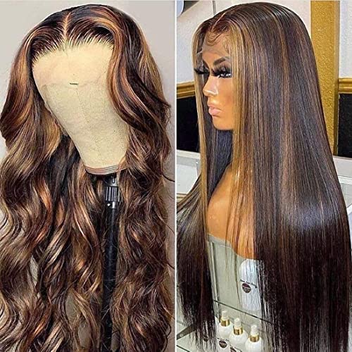 Image of Beauty Forever Balayage FB30 Body Wave Highlight 13x4 Lace Front Human Hair Wigs for Women 10A Brazilian Hair Ombre Brown Blonde Lace Frontal Wigs Pre Plucked with Baby hair 150% Density 20 Inch