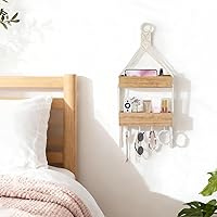 Vista 2 de Mkono Macrame Hanging Shelf for Bedside Shelf Organizer with Hooks, Boho Wall Decor Cute Wood Floating Shelves for Girls Bedroom Dorm Nursery, Wall