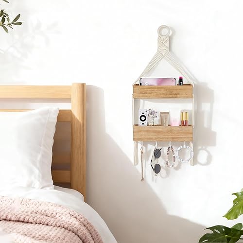 Miniatura 2 de Mkono Estante colgante de macramé para mesita de noche, organizador con ganchos, decoración de pared bohemia, bonitos estantes flotantes de madera