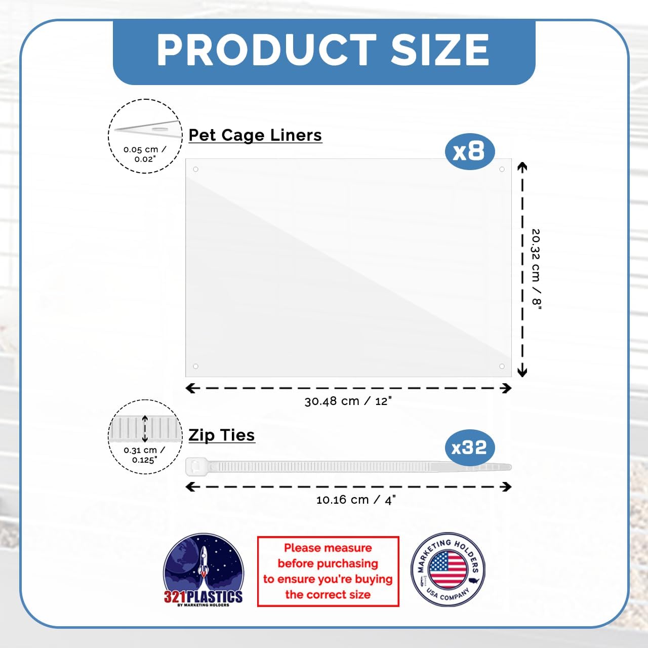 8 Pack Pet Cage Liner with Zip Ties Pet Rabbit Habitat Guinea Pig Cage 8" x 12" Flexible Plastic Side Protection Urine Guard Panels by Marketing Holders