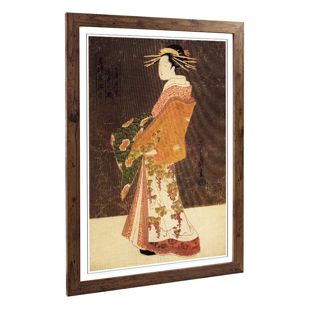 Big Box Art Framed Print of Courtesan Hanamurasaki Japanese Oriental Design | Wall Art Picture | Home Decor for Kitchen, Living Room, Bedroom, Hallway, Walnut, A2 / 24.5x18 Inch / 62x45cm