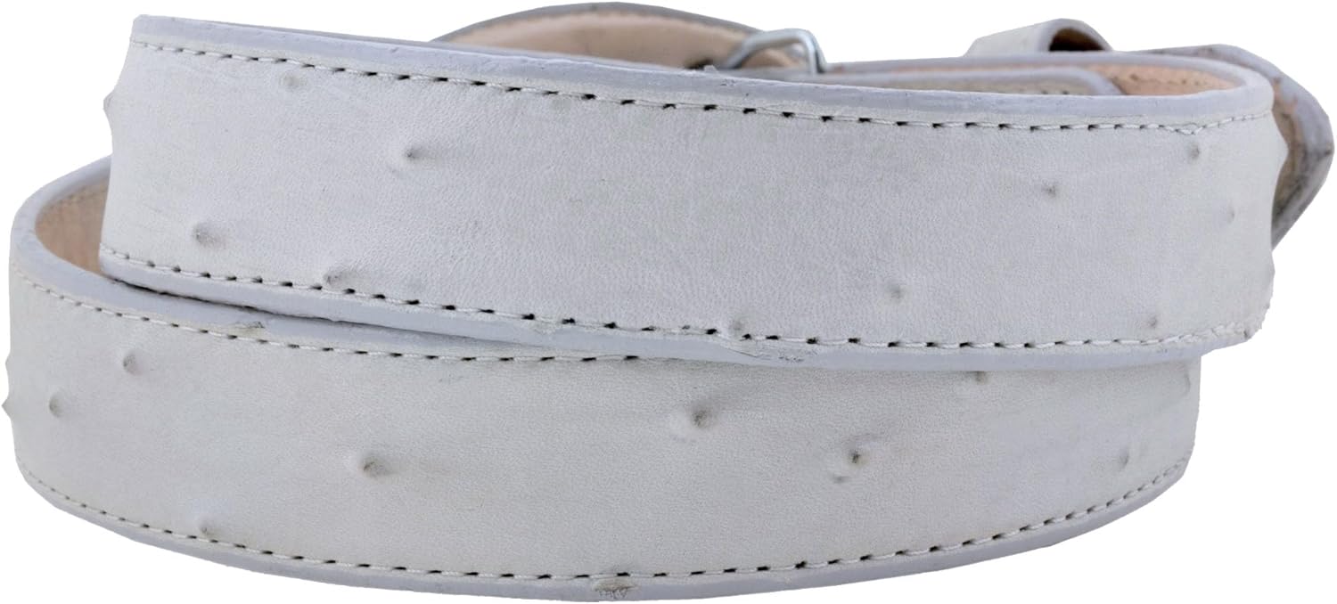 Mens White Ostrich Quill Print Leather Western Cowboy Belt Rodeo Buckle