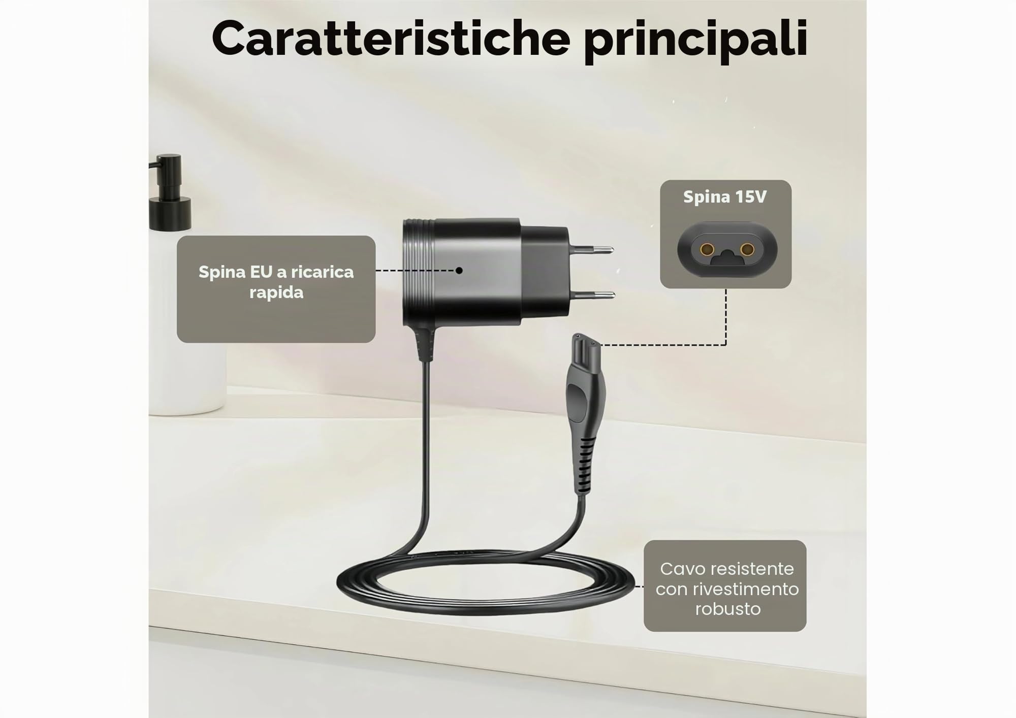 Sostitutivo Cavo di Ricarica Cavo di Alimentazione 15V HQ8505 | Caricabatterie per Rasoi Elettrici | Compatibile con Philips Norelco Series 3000 5000 7000 9000 | One Blade QP6650, QP6620, QP6550