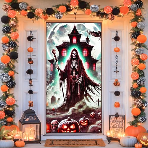 Image of BlissYard Halloween Entryway Banner Grim Reaper 35x71 Inch Polyester | Door Banner, Wall Decor | Skeleton Entry Accent, Grim Reaper Backdrop | Porch, Hallway, Party (Gothic Art)