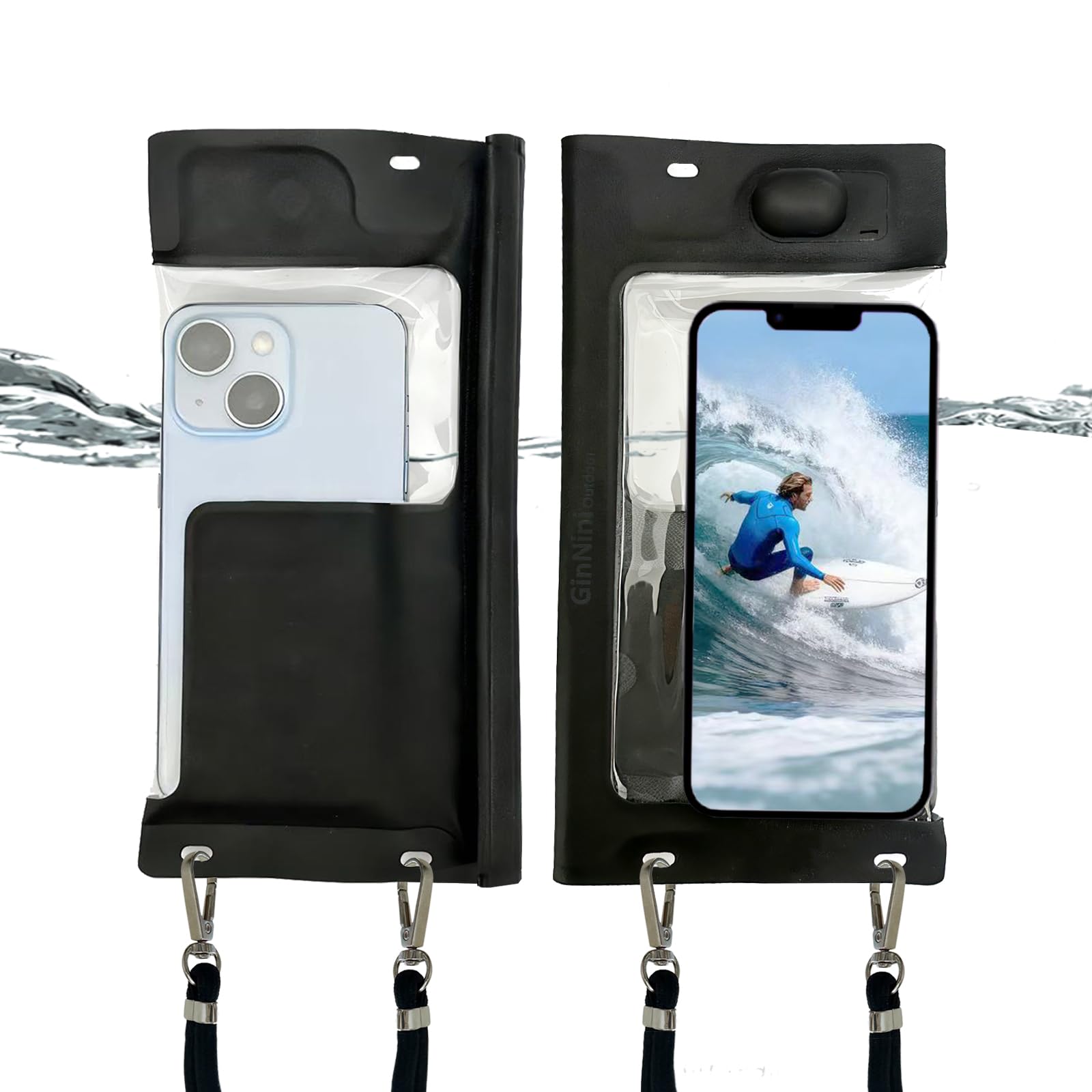 GinNini IP68対応 真空吸引式 スマホ防水ケース ストラップ付き iPhone対応 最大7インチ ブラック 水中プロテクター 防水ポーチ温泉 雨の日 首掛け式 ドライバッグ 登山 お釣り時の防塵・防水対策