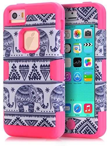 iPhone 5C Case,iPhone 5C Elephant case,TOPSKY(TM) Thailand Elephant Tribe Pattern 3 Layer Heavy Duty High Impact Hybrid Case For iPhone 5C,with Screen Protector and Stylus,(5CKKDX,Hot Pink)