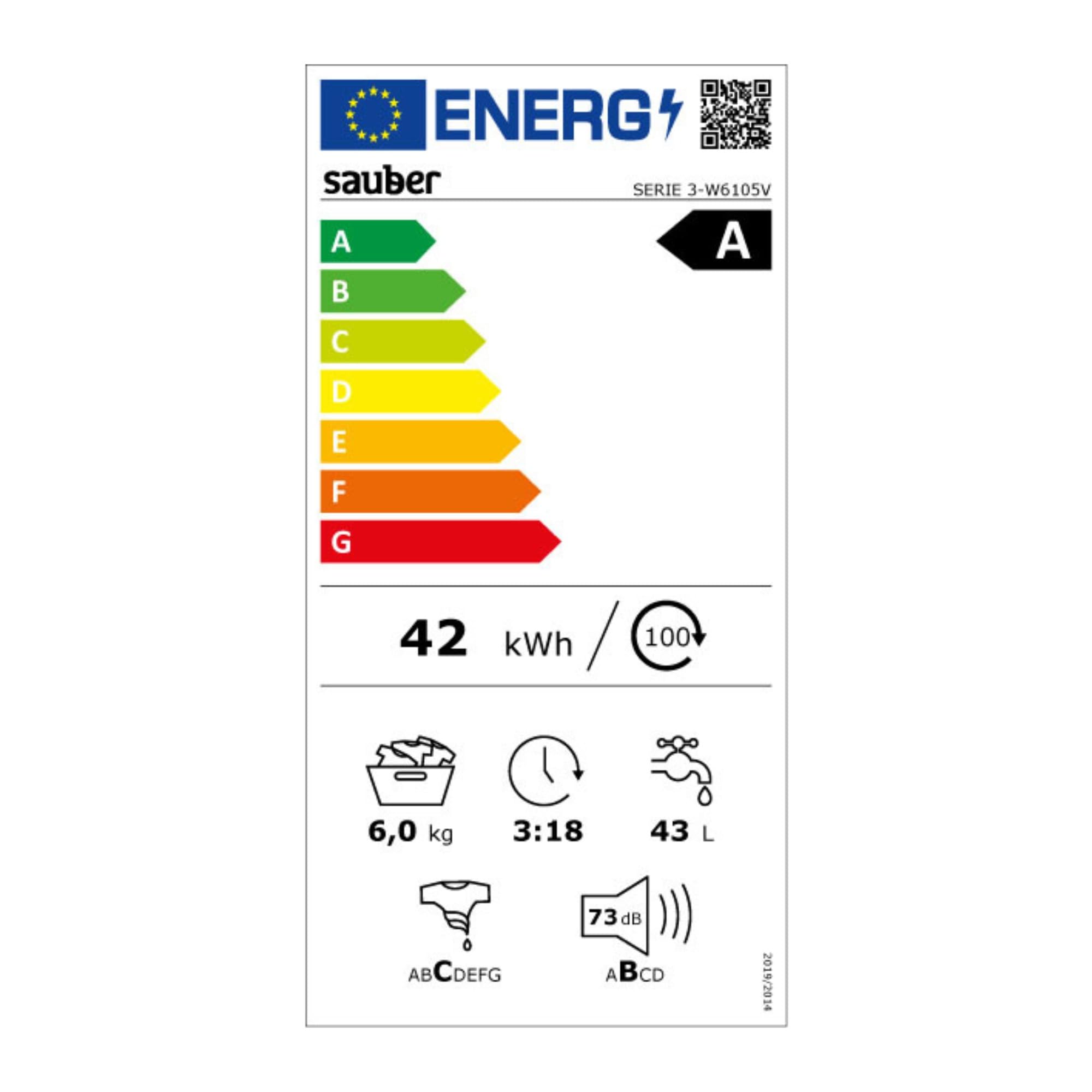 Sauber, Lavadora 6 Kg de carga frontal SERIE 3-W6105V, 1000 RPM, A, Programa Extra Rápido 15 minutos, 15 Programas, Detección de carga, Bajo Consumo, Color Blanco, CON INSTALACIÓN Y RETIRADA USADA