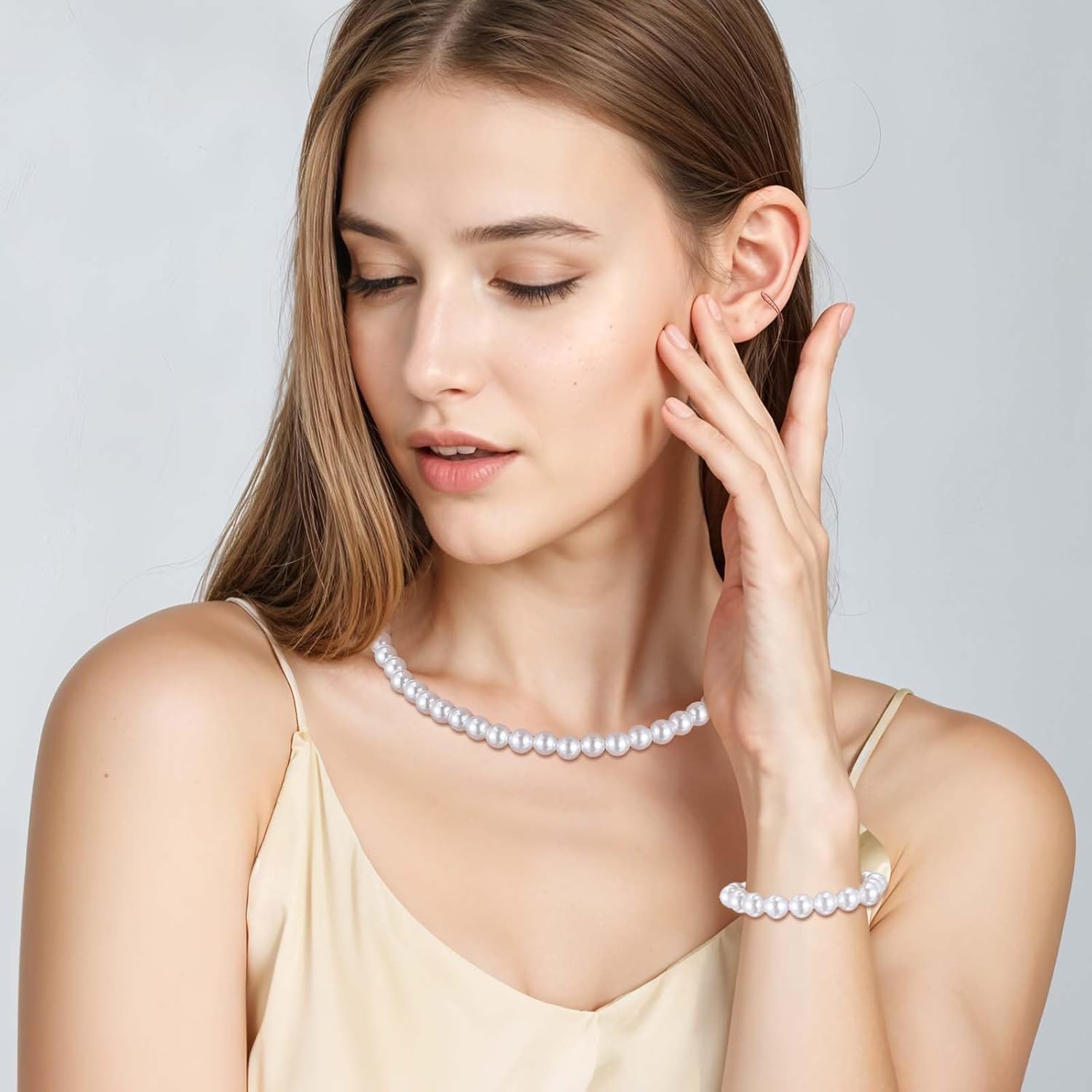 12 Pcs White Pearls Necklace Set 8mm Faux Pearl Necklace and Earring Set for Women Imitation Pearls Necklaces Dangle Earrings Bracelets Costume Jewelry Sets for Wedding Bridal Shower Birthday Gifts