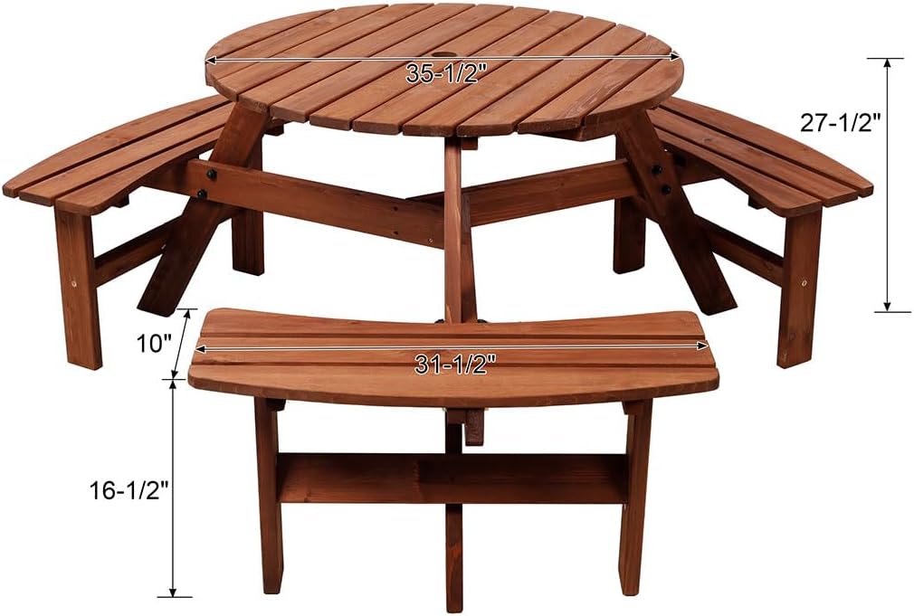 Kids Outdoor Wooden Picnic Table, 6-Person Round Table with 3 Built-in Benches, 35" Dia Patio Dining Table with Umbrella Hole, 1500 lbs Capacity, Camping BBQ Table for Backyard & Garden
