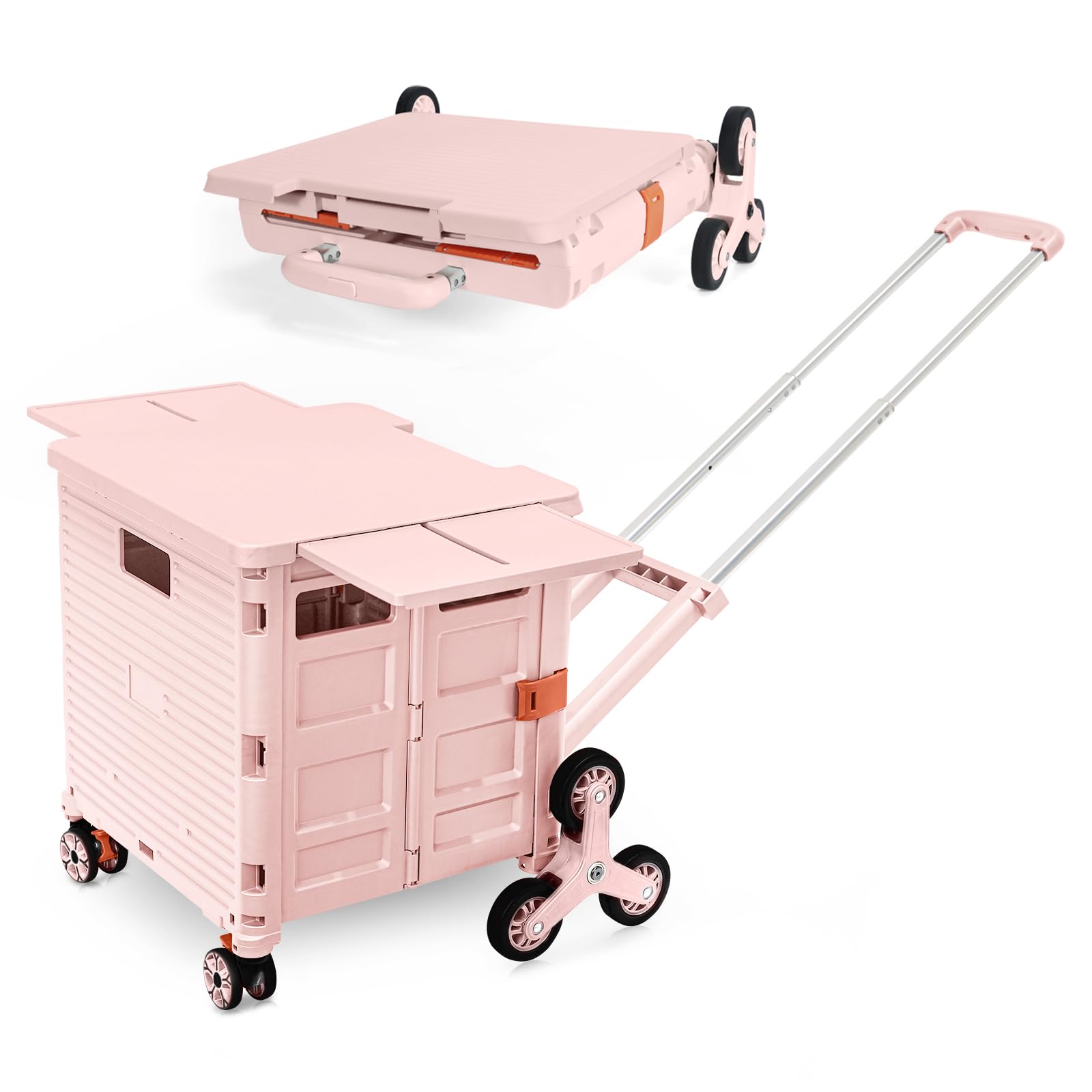 Foldable Utility Cart Collapsible Portable Tool Cart with Climbing Wheels Tote Basket,176LBS Load Capacity,Magnetic Lid Telescopic Cover with 360° Wheels Telescoping Handle for Grocery Luggage (Pink)