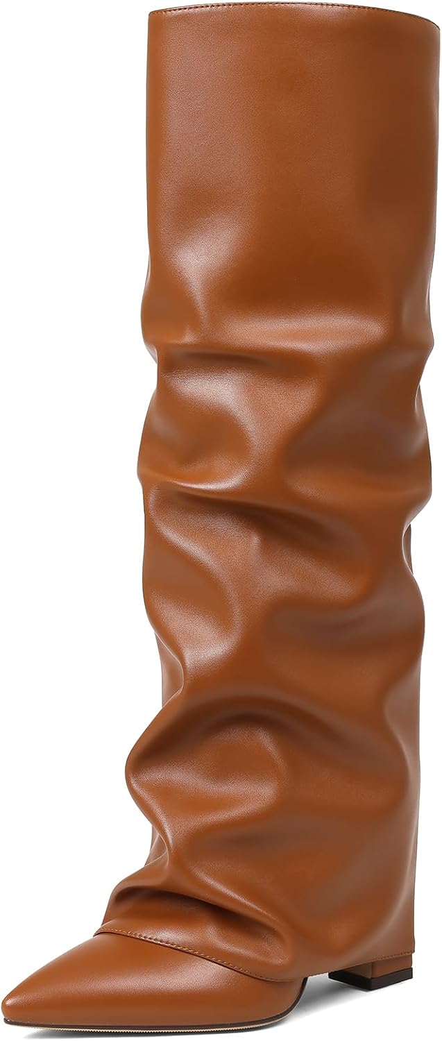 Synchoiss Womens Knee High Boots Wide Calf Chunky High Heel Boots Fashion Fold Over Boot Pointed Toe Winter Fall Tall Boots for Women Pull on Trendy - Image 4