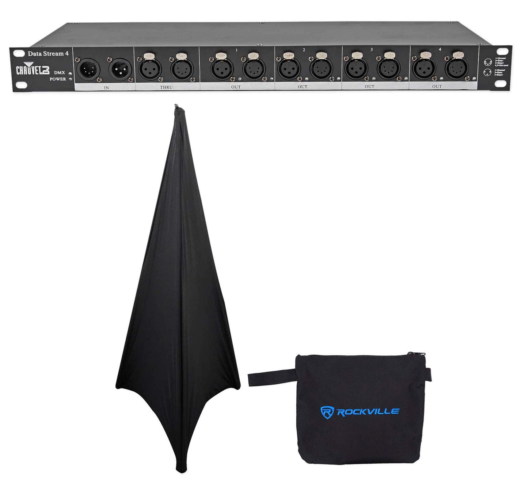 Audiosavings Bundle: Chauvet DJ DATASTREAM4 Datastream 1-4 Optical Splitter Bundle with Rockville RSC7B Black Tripod PA Speaker Stand Scrim Cloth + Carry Bag (2 Items)