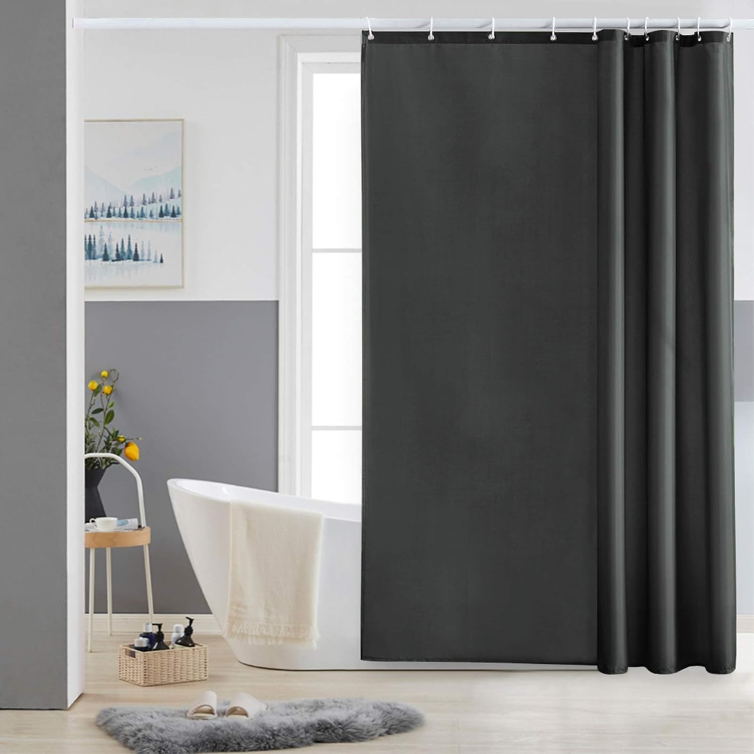 Furlinic Full Coverage Shower Curtain Liner 60x78 Inch Dark Grey,Waterproof Fabric with 78" Height for Tall Showers,Heavy Duty Hem and Machine