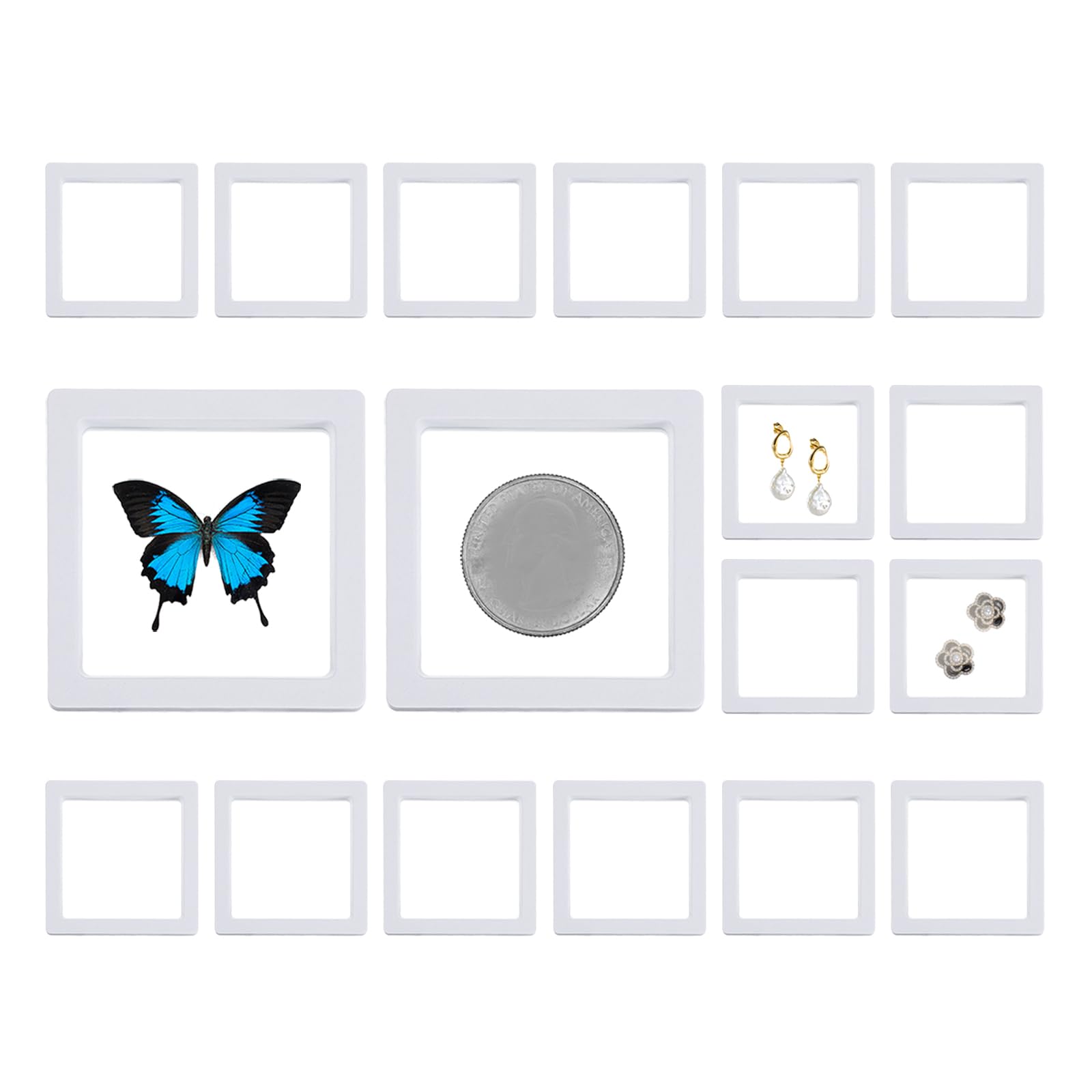 PATIKIL 3D Floating Frame Display Stand, 18 Pack 2.8x2.8 Inch Challenge Coin Display Stand Holder Transparent PE Jewelry Storage Box Floating Display Case, White