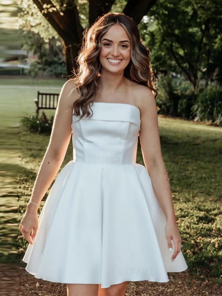 Tvuyet Strapless Homecoming Dresses for Teens 2026 Satin A Line Short Prom Dress with Pockets Formal Evening Gowns