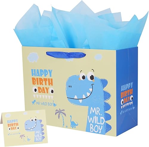 Bolsa de regalo grande para niños con papel de seda para niños, fiesta de cumpleaños, baby shower, 12.6 pulgadas, dinosaurio