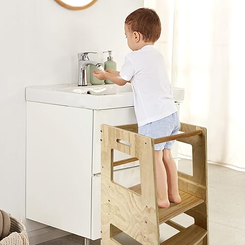 Miniatura 3 de ECOMEX Taburete de cocina de pie para niños pequeños, taburete de aprendizaje de altura ajustable con riel de seguridad extraíble para dormitorio,