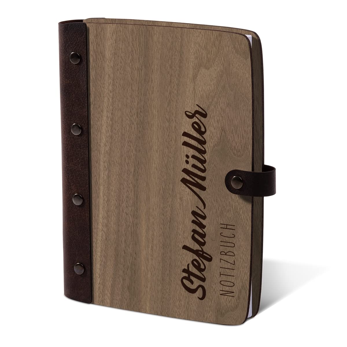 Personalisiertes Notizbuch Holzcover mit Echtleder Rücken 72 Blatt | 144 Seiten A5 hoch 158x222mm Nussbaum Amerikanisch - Name schlicht