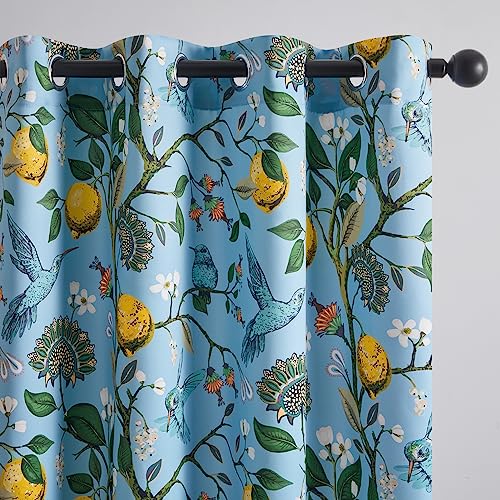 Image of Topfinel Blue Patterned Curtains 2 Pages 96 Inches Long Blackout Heat Block Farmhouse Watercolor Floral Flower Hummingbird Printed Drapes Grommet Window Treatment for Living Room,96 Inch Length