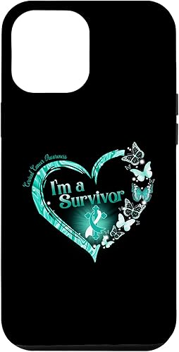 Miniatura 1 de Funda para iPhone 13 Pro Max con cinta verde azulado con diseño de mariposa y cáncer cervical I'm a Survivor