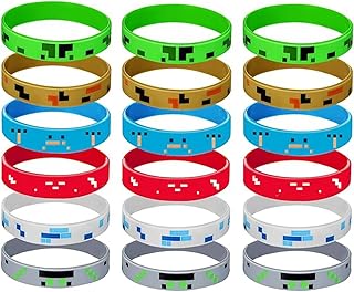Pixel Miner Silicone Wristbands Bracelet- 18-Pack Assorted Colorful Wristbands for Kids, Themed Party Favors, Holiday Gifts for Boys and Girls (6 Unique Designs)