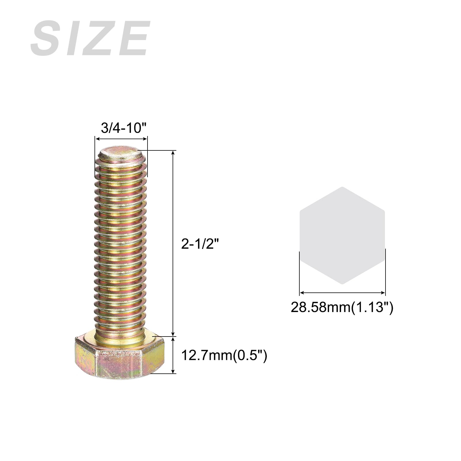 METALLIXITY Hex Bolts (3/4-10x2-1/2") 10Pcs, Carbon Steel Zinc Plated Fully Threaded, Coarse Thread UNC Hex Head Screw Bolt - Image 2