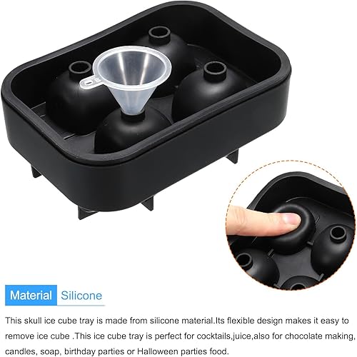 Miniatura 4 de MECCANIXITY Molde para cubitos de hielo de calavera, bandeja de silicona negra para cubitos de hielo con embudo para cóctel, jugo, chocolate